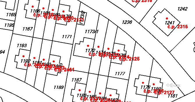 Záběhlice 2123, Praha na parcele st. 1174 v KÚ Záběhlice, Katastrální mapa