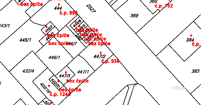 Doubravka 938, Plzeň na parcele st. 447/2 v KÚ Doubravka, Katastrální mapa