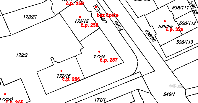 Šeberov 257, Praha na parcele st. 172/4 v KÚ Šeberov, Katastrální mapa