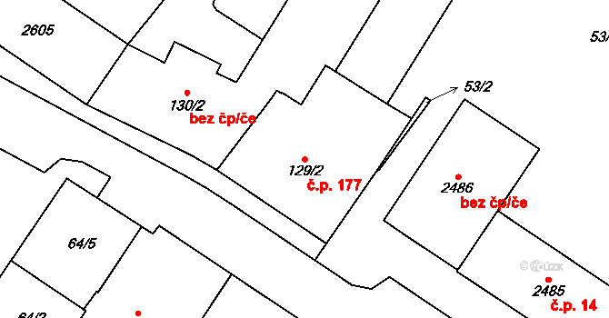 Střed 177, Rokycany na parcele st. 129/2 v KÚ Rokycany, Katastrální mapa