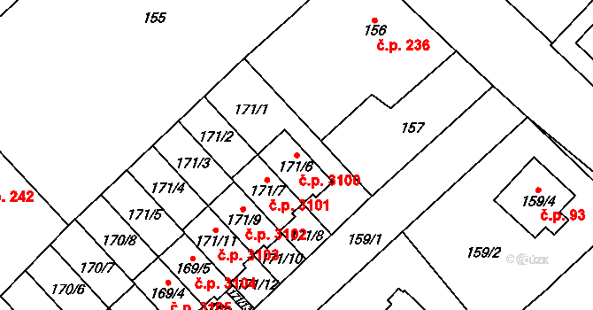 Milovice 3100 na parcele st. 171/6 v KÚ Milovice nad Labem, Katastrální mapa