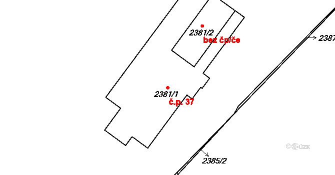 Doubravka 37, Plzeň na parcele st. 2381/1 v KÚ Doubravka, Katastrální mapa