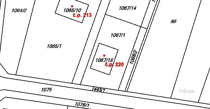 Chvalovice 220 na parcele st. 1067/18 v KÚ Chvalovice, Katastrální mapa