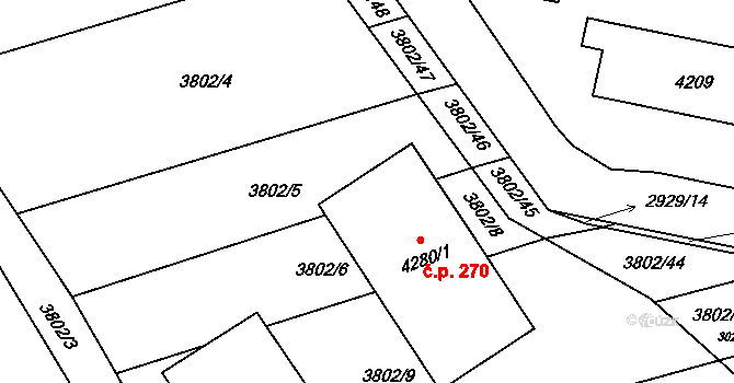 Kyjov 270 na parcele st. 4280/1 v KÚ Kyjov, Katastrální mapa