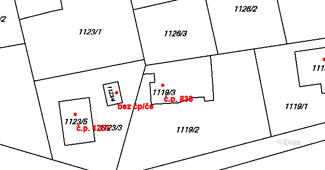 Radvanice 838, Ostrava na parcele st. 1119/3 v KÚ Radvanice, Katastrální mapa