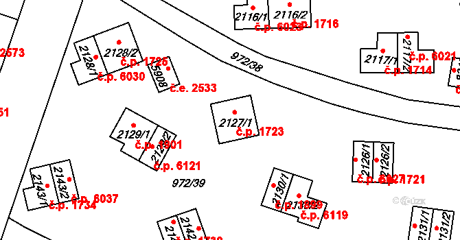 Zlín 1723 na parcele st. 2127/1 v KÚ Zlín, Katastrální mapa