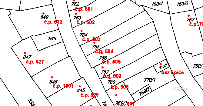 Kunovice 505 na parcele st. 766 v KÚ Kunovice u Uherského Hradiště, Katastrální mapa