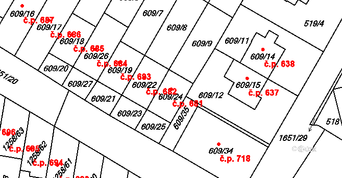 Drnovice 681 na parcele st. 609/24 v KÚ Drnovice u Vyškova, Katastrální mapa