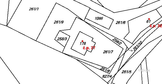 Jeřišno 77 na parcele st. 178 v KÚ Jeřišno, Katastrální mapa