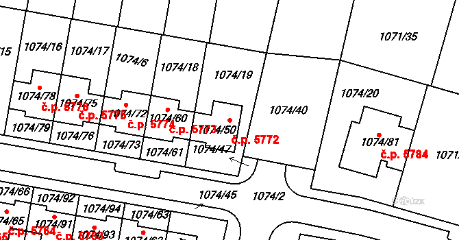 Jihlava 5772 na parcele st. 1074/50 v KÚ Jihlava, Katastrální mapa