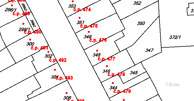 Bedihošť 477 na parcele st. 348 v KÚ Bedihošť, Katastrální mapa