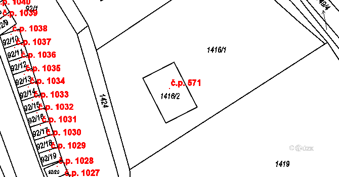 Dobšice 571 na parcele st. 1416/2 v KÚ Dobšice u Znojma, Katastrální mapa