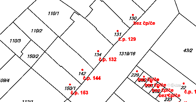 Křídlůvky 132 na parcele st. 134 v KÚ Křídlůvky, Katastrální mapa