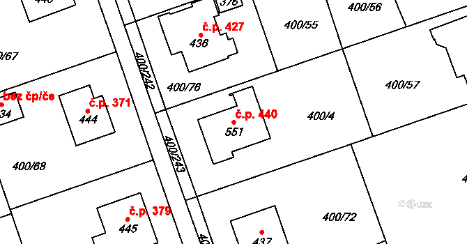 Horoměřice 440 na parcele st. 551 v KÚ Horoměřice, Katastrální mapa