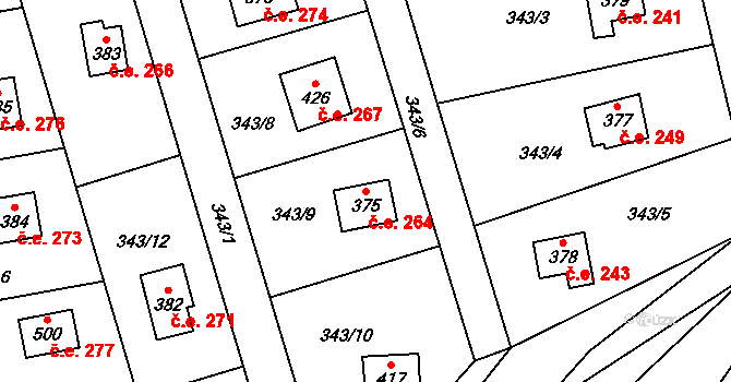 Hostěradice 264, Kamenný Přívoz na parcele st. 375 v KÚ Hostěradice, Katastrální mapa