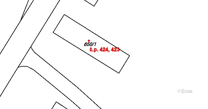 Dědice 423,424, Vyškov na parcele st. 650/1 v KÚ Dědice u Vyškova, Katastrální mapa