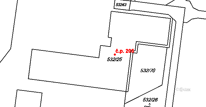 Žabeň 205 na parcele st. 532/25 v KÚ Žabeň, Katastrální mapa