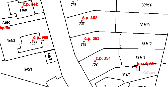 Planá 353 na parcele st. 738 v KÚ Planá u Mariánských Lázní, Katastrální mapa