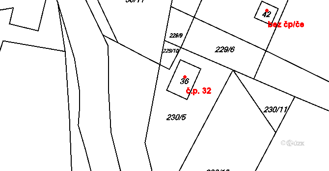 Chloumek 32, Boháňka na parcele st. 36 v KÚ Chloumek u Hořic, Katastrální mapa