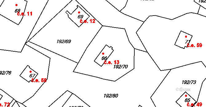 Mradice 13, Postoloprty na parcele st. 66 v KÚ Mradice, Katastrální mapa