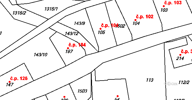 Nezdice na Šumavě 104 na parcele st. 105 v KÚ Nezdice na Šumavě, Katastrální mapa