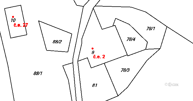 Lomy 2, Osečnice na parcele st. 9 v KÚ Lomy u Osečnice, Katastrální mapa