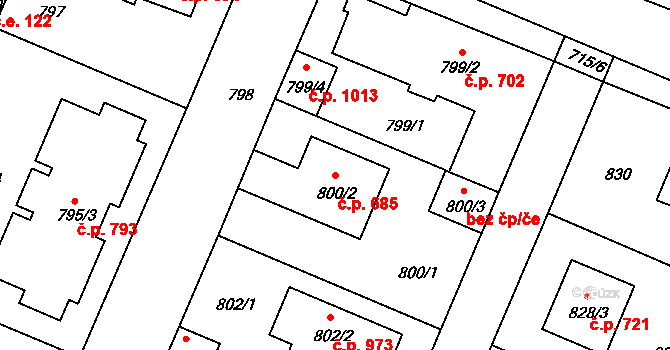 Šeberov 685, Praha na parcele st. 800/2 v KÚ Šeberov, Katastrální mapa