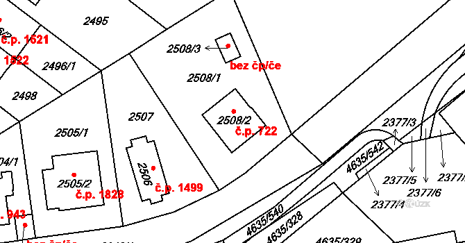 Modřany 722, Praha na parcele st. 2508/2 v KÚ Modřany, Katastrální mapa