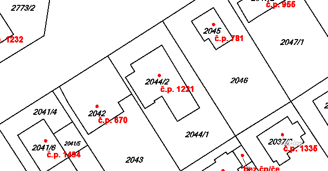 Kyje 1221, Praha na parcele st. 2044/2 v KÚ Kyje, Katastrální mapa