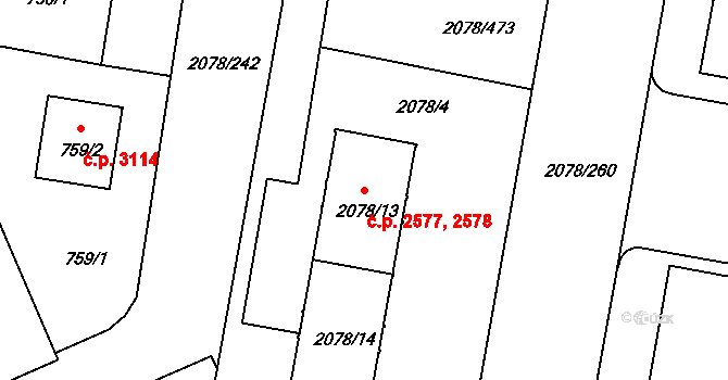 Záběhlice 2577,2578, Praha na parcele st. 2078/13 v KÚ Záběhlice, Katastrální mapa