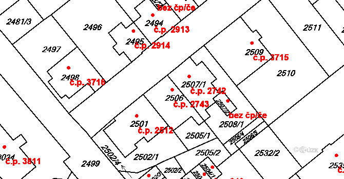 Chomutov 2743 na parcele st. 2506 v KÚ Chomutov II, Katastrální mapa