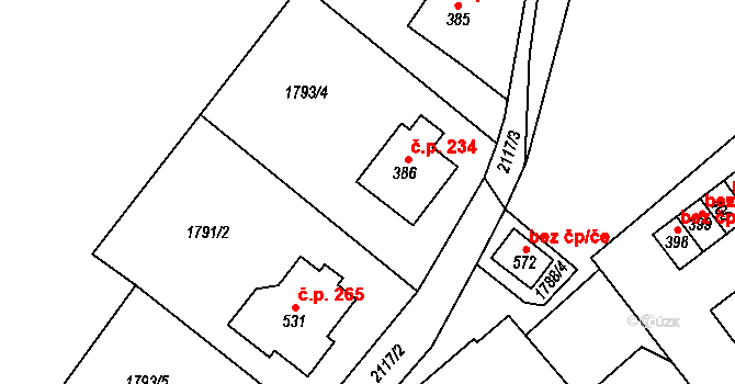 Lhota u Vsetína 234 na parcele st. 386 v KÚ Lhota u Vsetína, Katastrální mapa