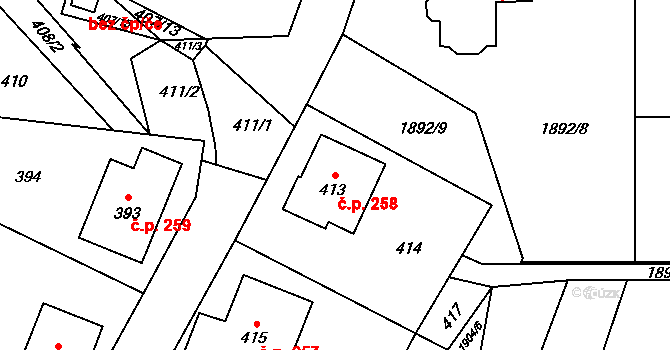 Horní Jasenka 258, Vsetín na parcele st. 413 v KÚ Jasenka, Katastrální mapa