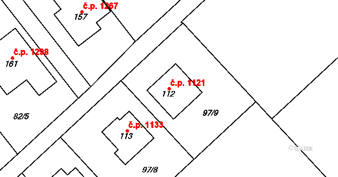 Litovel 1121 na parcele st. 112 v KÚ Chořelice, Katastrální mapa