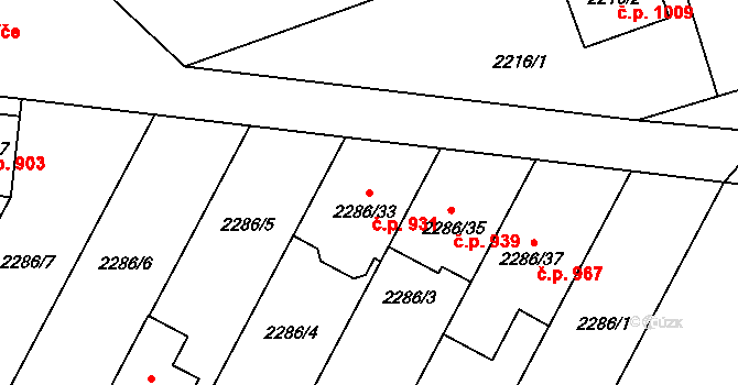 Lužice 931 na parcele st. 2286/33 v KÚ Lužice u Hodonína, Katastrální mapa