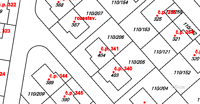 Mratín 341 na parcele st. 404 v KÚ Mratín, Katastrální mapa