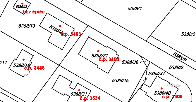 Frýdek 3454, Frýdek-Místek na parcele st. 5388/21 v KÚ Frýdek, Katastrální mapa