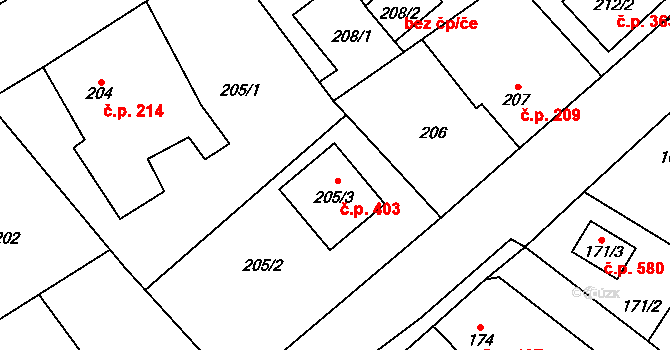 Zruč 403, Zruč-Senec na parcele st. 205/3 v KÚ Zruč, Katastrální mapa