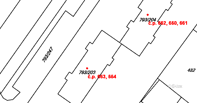 Výškovice 663,664, Ostrava na parcele st. 793/203 v KÚ Výškovice u Ostravy, Katastrální mapa