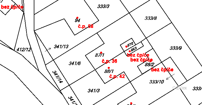 Meziboří 36, Strážek na parcele st. 87/1 v KÚ Meziboří, Katastrální mapa
