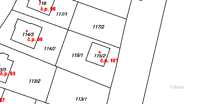 Klečůvka 101, Zlín na parcele st. 115/2 v KÚ Klečůvka, Katastrální mapa