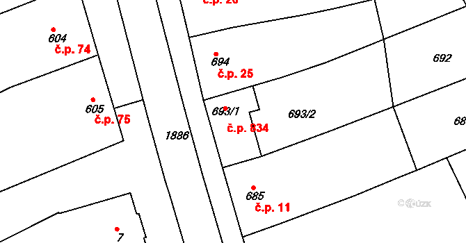 Šardice 834 na parcele st. 693/1 v KÚ Šardice, Katastrální mapa
