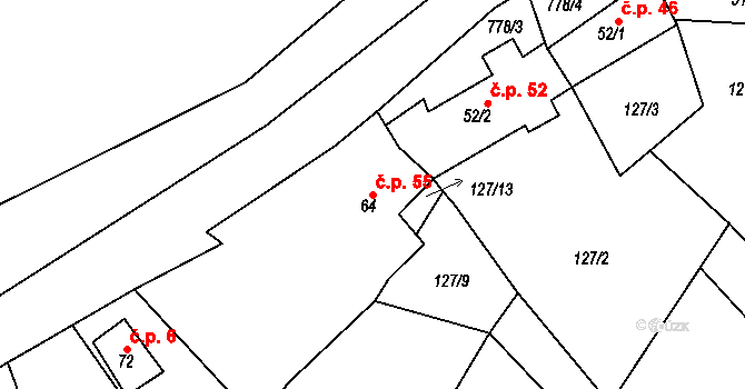 Hlohovičky 55, Hlohovice na parcele st. 64 v KÚ Hlohovičky, Katastrální mapa