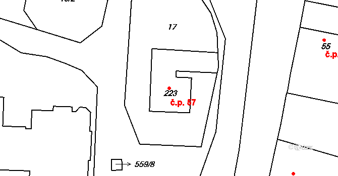 Moravany 57 na parcele st. 223 v KÚ Moravany nad Loučnou, Katastrální mapa