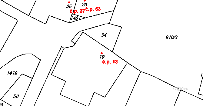 Kámen 13 na parcele st. 19 v KÚ Kámen u Pacova, Katastrální mapa