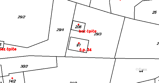 Poděbaby 34, Havlíčkův Brod na parcele st. 91 v KÚ Poděbaby, Katastrální mapa