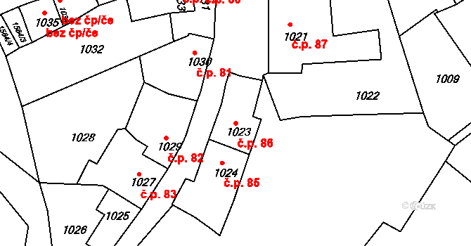 Plumlov 86 na parcele st. 1023 v KÚ Plumlov, Katastrální mapa
