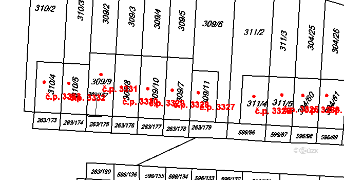 Znojmo 3328 na parcele st. 309/7 v KÚ Znojmo-Louka, Katastrální mapa