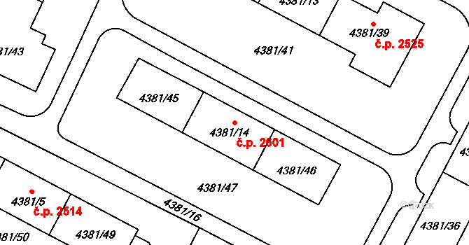 Jihlava 2601 na parcele st. 4381/14 v KÚ Jihlava, Katastrální mapa