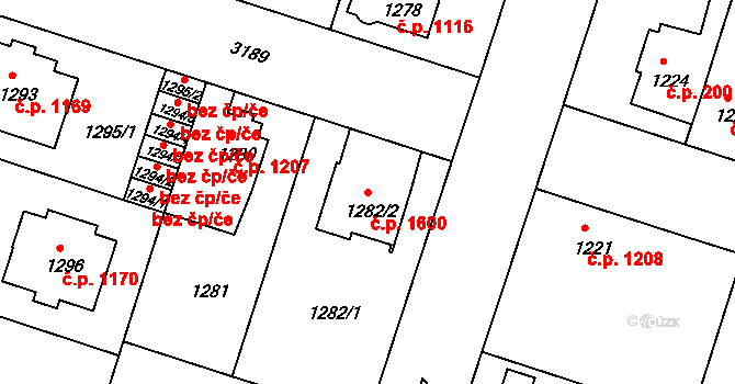 Čelákovice 1600 na parcele st. 1282/2 v KÚ Čelákovice, Katastrální mapa